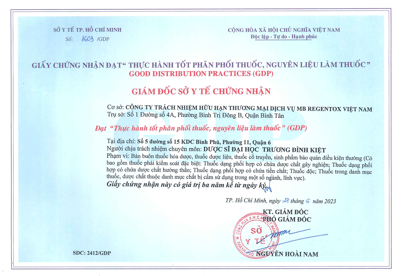 GIẤY CHỨNG NHẬN ĐẠT "THỰC HÀNH TỐT PHÂN PHỐI THUỐC, NGUYÊN LIỆU LÀM THUỐC"